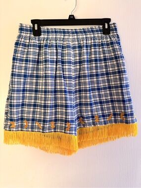 Spaghetti Western Linen Fringe Shorts in Blue Plaid Tablecloth